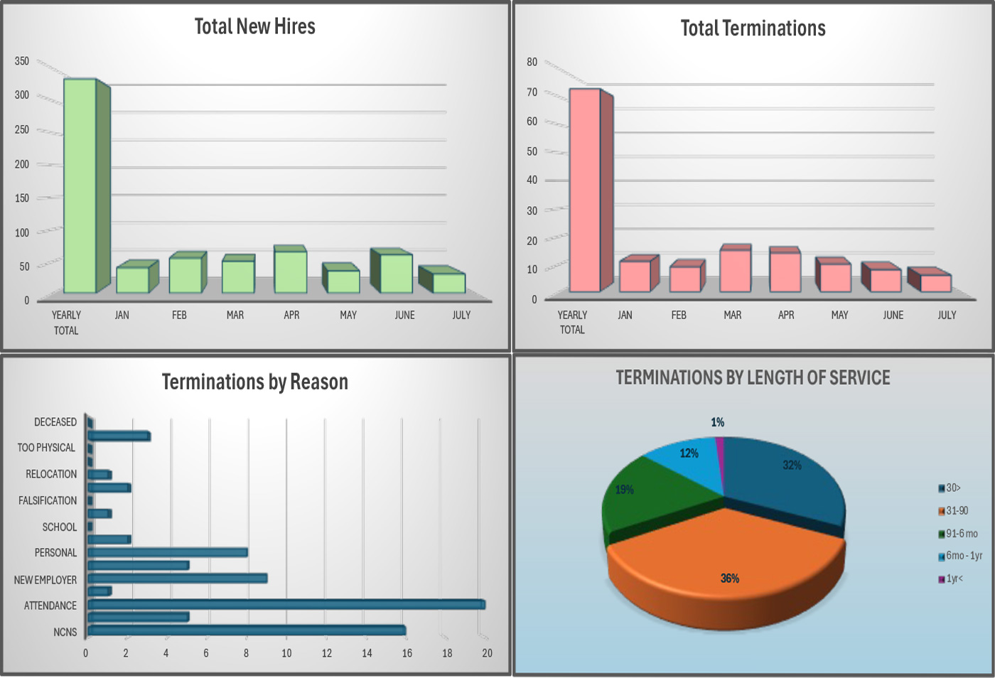 Graphs showing data about hires and terminations